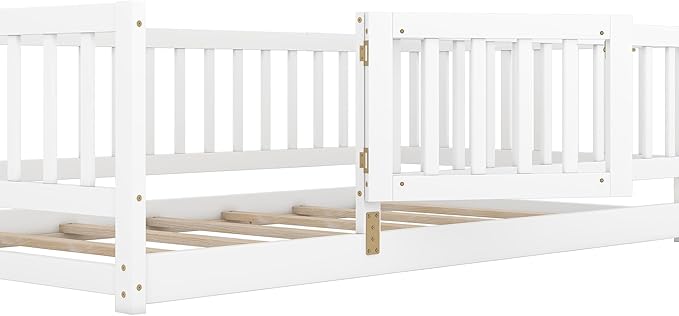 Twin Size Floor Bed Frame with Door and Slats,Montessori Floor Bed with Safety Guardrails for Girls Boys,Solid Wood Kids Montessori Bed Twin Size,White