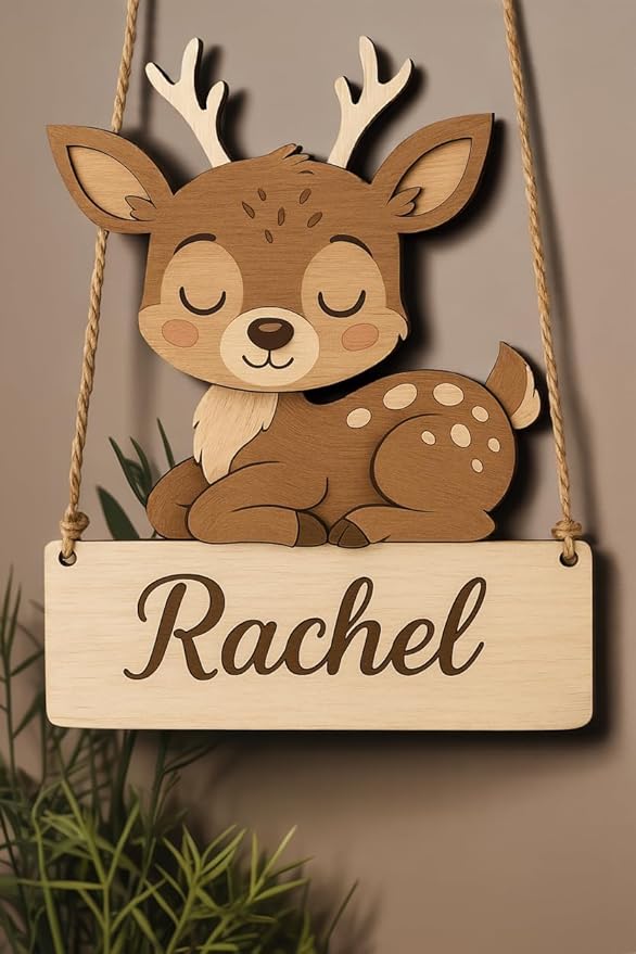 Deer Personalized Door Hanger for Nursery Wall Art – Custom Wooden Door Plaque with Cute Baby Deer, Nursery Wall Decor for Boys or Girls, Animal Nursery Decor