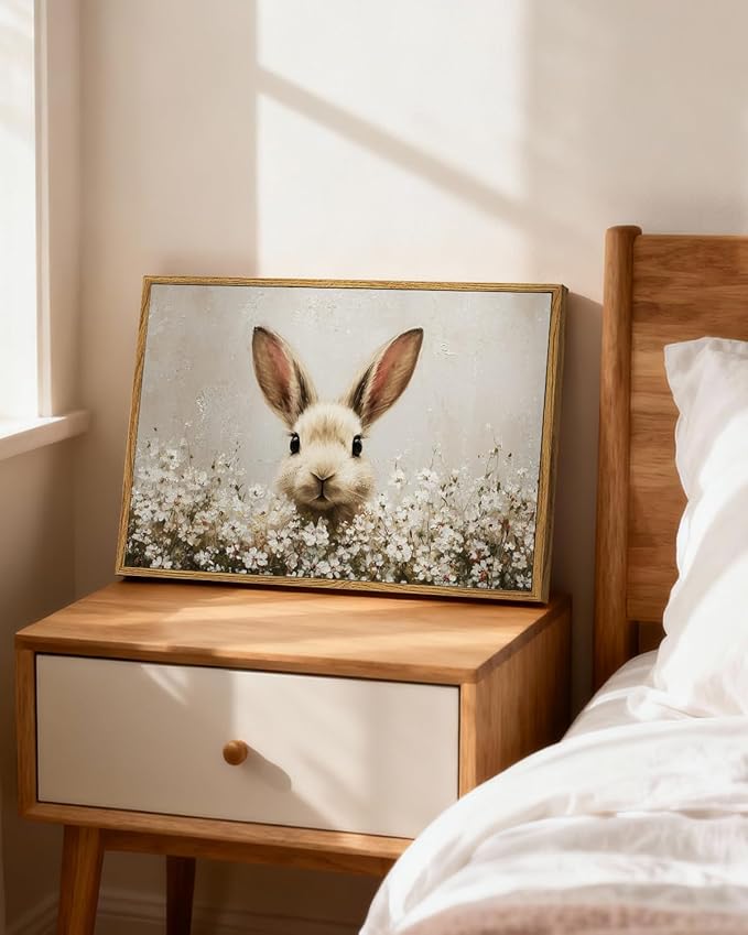 ARPEOTCY Vintage Framed Canvas Wall Art, 12x16inch, Easter Bunny Spring Rabbit Wall Decor, Animal Art Prints Home Decorations, Wildflower Paintings for Living Room Bedroom Shelf Decor