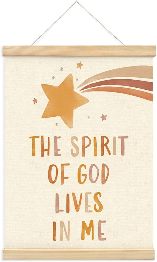 PLKMN Christian Nursery Wall Decor, the Spirit of God Lives in Me Wall Art with Wooden Poster Hanger, Boho Christian Wall Decor for Nursery Kids Room Sunday School Preschool Classroom, 12x16 Inch