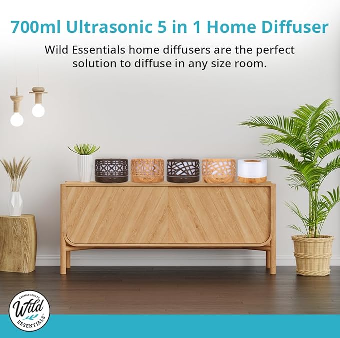 Wild Essentials 700ml Designer Large Room Essential Oil Diffuser, 5 in 1 Ultrasonic Aromatherapy Vaporizer Cool Mist Humidifier, Home, Office Bedroom, Timer Auto-Off, 7 Color LED, Light Wood Branches