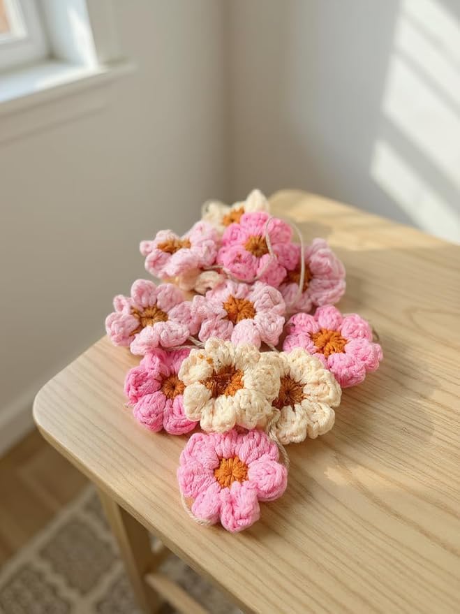 Boho Crochet Daisy Garland, Pink Flower Banner Garland Decoration, for Baby Girl Nursery Daisy Birthday Party Banner Baby Shower Decoration Hippie Groovy Decor