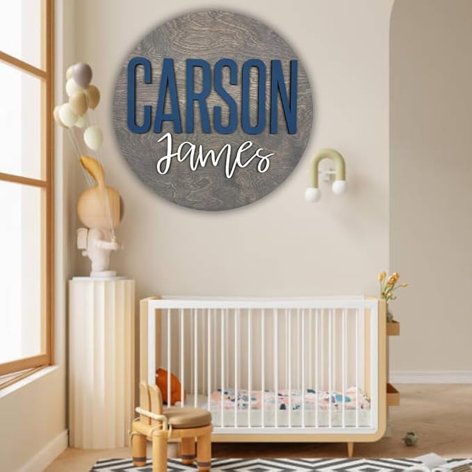 Personalized Wooden Name Sign - Custom Baby Name Signs for Nursery & Kids Room Decor - Baby Announcement Sign - Name Wall Art - Wooden Letters for Wall - Custom Round Nursery Name Sign (Design 9)