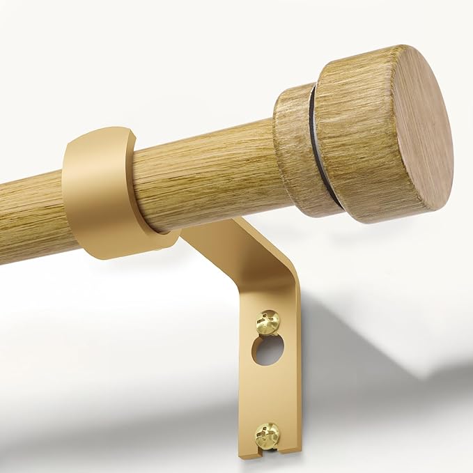 Natural Light Wood Grain Curtain Rods for Windows 66 to 120 Inches 1" Diameter Heavy Duty Window Curtain Rod Adjustable with Solid Finials for Living Room Bedroom Kitchen Farmhouse Outdoor