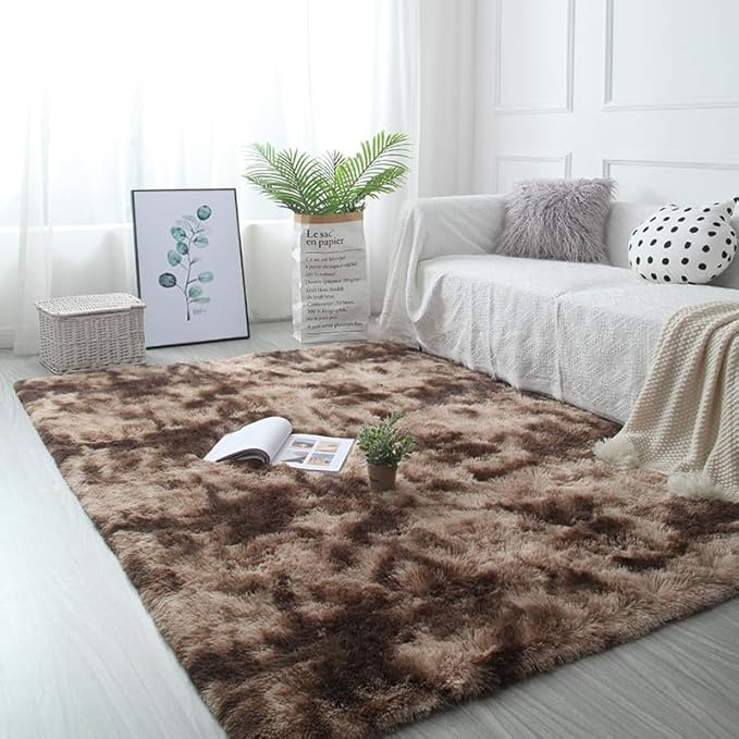 DweIke Fluffy Brown Rugs for Bedroom Living Room, 4x6 Feet Soft Plush Shaggy Tie-Dyed Dark Coffee Girls Boys Kids Rug, Upgraded Non-Slip and Machine Washable Carpet for Dorm Nursery Classroom Decor