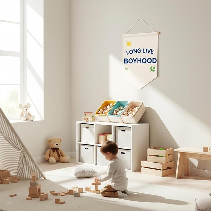 Long Live Boyhood Banner – Double Sided Day & Night Linen-Look Canvas Wall Hanging Flag for Boys Room Decor, Toddler Nursery, Kids Playroom, Bedroom Pennant