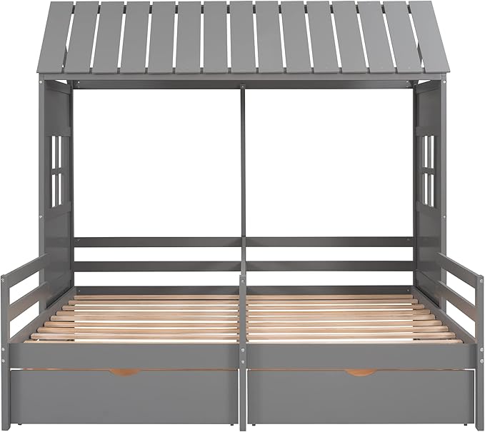 P PURLOVE Double Shared Bed,Twin Size House Platform Beds with Two Drawers for Boy and Girl Shared Beds, House Bed Frame Combination of 2 Side by Side Twin Size Beds,Gray
