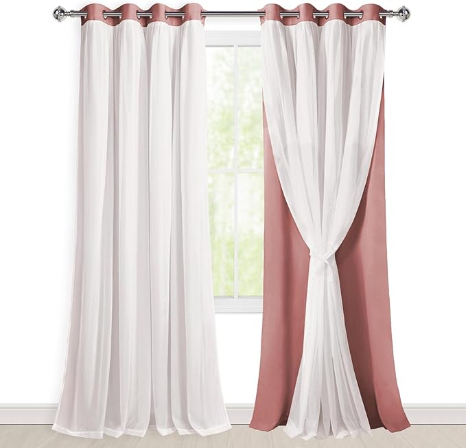 Hiasan Mix & Match Blackout Curtains with Sheer Overlay, Double Layer Thermal Insulated Privacy Grommet Window Curtains for Girls Bedroom,Living Room,2 Drape Panels with Tiebacks,Dusty Rose,52W X 96L