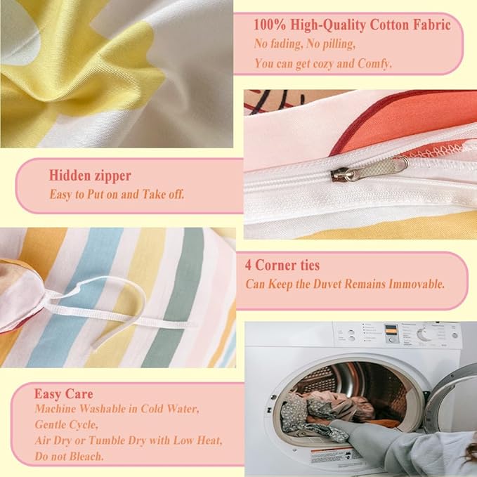 100% Cotton Kids Duvet Cover,Pink Peach Duvet Cover Set,Kawaii Bedding Set Twin,Cute Comforter Cover for Girls Boys(Peach,Twin)