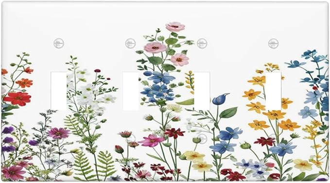 Light Switch Cover Colorful Wildflowers Plants Flowers on White Background 4 Gang Switch Plate Covers Quad Toggle Wall Plates Decorative Switchplate Electrical Faceplate for Home Decor