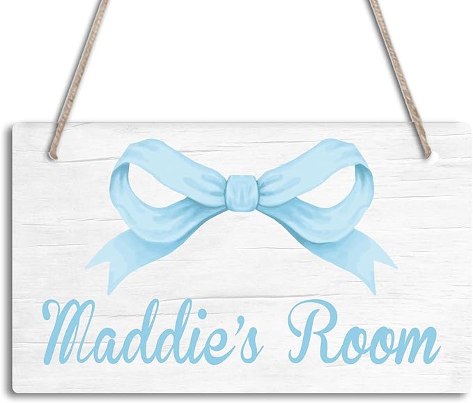 Personalized Blue Bow Kids Room Door Sign Custom Name Girls Boys Bedroom Decor Toddler Baby Nursery Wood Art Wall Plaque 12x6 Inches