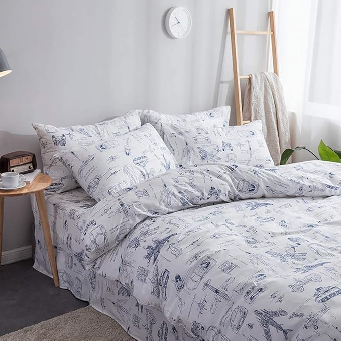 Jumeey Boys Duvet Cover Set Twin Cars Tank Helicopter Aircraft Military Transport Vehicles Painted Bedding Sets for Kids Children Reversible Airplanes Comforter Cover Teens Bed Set