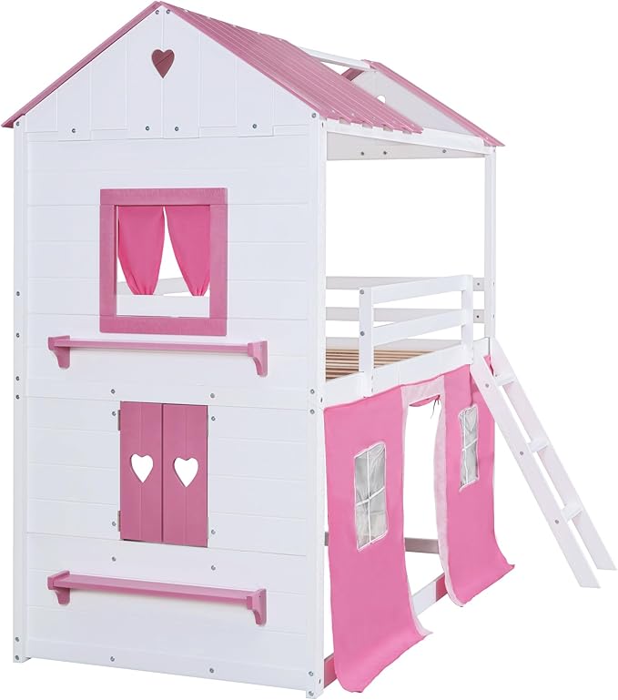 MERITLINE Full Over Full Princess Castle Bunk Bed with Tent,Ladders and Guardrail, Solid Wood Playhouse House Floor Bunk Bed with Windows and Roof (Full,Pink & White)