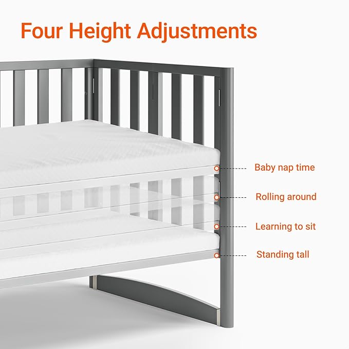 MAMAZING EvoNook 6-in-1 Convertible Mini Crib, 100% New Zealand Pinewood, 4 Adjustable Mattress Heights, Grey