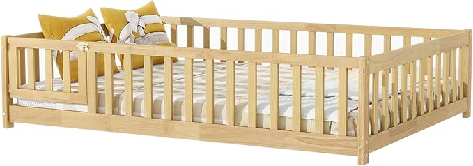 Bellemave Twin Size Floor Bed Frame with Fence and Door for Kids, Montessori Floor Bed with Slats and Safety Guardrails,Solid Wood Twin Bed Frame for Girls Boys,Natural