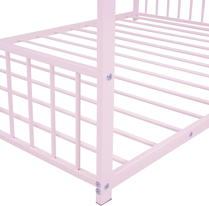 Full Size House Shaped Montessori Platform Beds, Wood Floor Bed Frame with Roof and Fence Deisgn, Kids Double Toddler Bed for Children Boys Girls, Easy Assemble, No Box Spring Needed, Pink
