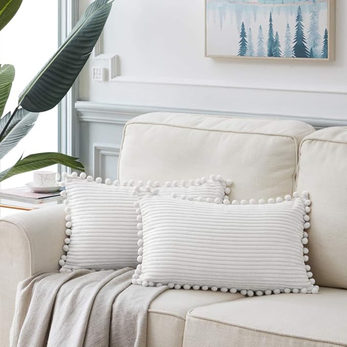 Fancy Homi Pack of 2 Boho Lumbar Decorative Throw Pillow Covers with Pom-poms, Soft Corduroy Solid Rectangle Cushion Cases Set for Couch Sofa Bedroom Car Living Room (12x20 Inch/30x50 cm, Pure White)