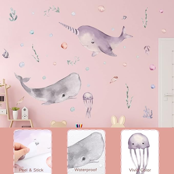 Whale Wall Dcals Peel and Stick for Kids Whale Removable Wall Stickers with Sea Life, Vinyl Ocean Wall Stickers for Bedroom Bathroom Nursery