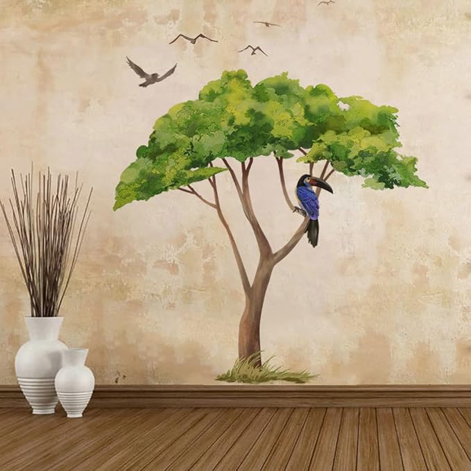 Runtoo Large Safari Tree Wall Decals Green Plant Jungle Wall Stickers Nursery Kids Bedroom Wall Art Decor