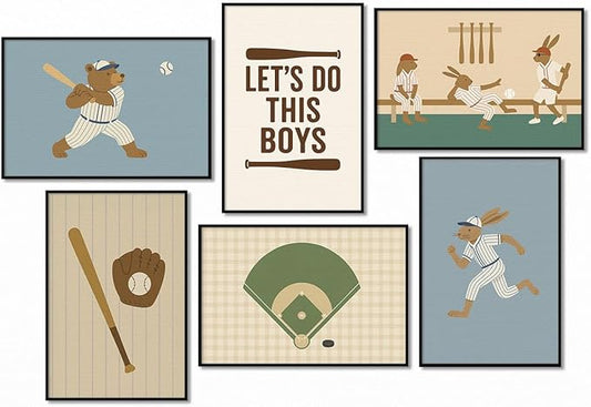 Baseball Poster Canvas, Baby Boy Sports Nursery Wall Art, Cute Animal Rabbit Bear Athletes Pictures, Let's Do This Boys Charming Quote Print, Kids Bedroom Baseball Field Art 16x24in Framed