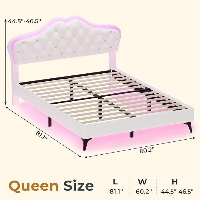 ADORNEVE Queen Bed Frame with RGB LED Lights, Princess Bed Frame with Adjustable Crystal Button Headboard, Velvet Upholstered Platform Bed for Girls, Solid Wooden Slats, Easy Assembly, Creamy White