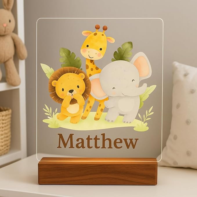 Personalized Led Night Light Name for Kids, Custom Cute Forest Animals with Wooden Base Bedroom Decor, Personalized Baby Gifts for Girls Boys Nursery