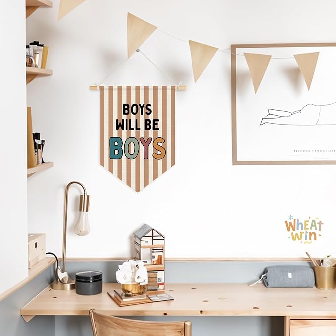 Wheatwin Boy Room Decor, Boys Will Be Boys Wall Hanging Pennant Flag Banner, Neutral Striped Kids Wall Decor for Nursery Toddler Room Bedroom Playroom 15x11 Inch