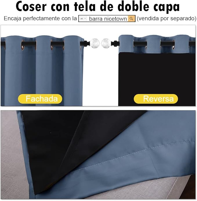 NICETOWN Insulated 100% Blackout Curtains, Noise Reducing Performance Drapes with Black Lining, Full Light Blocking Draperies for Overnight Shift Worker (Stone Blue, 1 Pair, 55 inches x 96 inches)