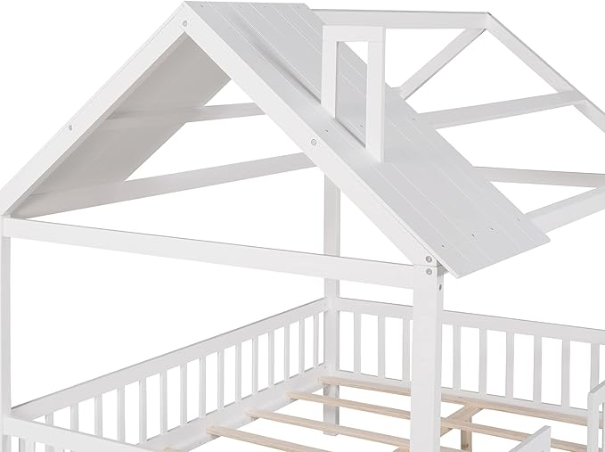 Bellemave Full House BedFrame with Roof, Montessori Floor Bed, House Bed with Rails for Kids, White