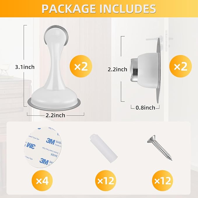 YDAJIURI 2Pack Magnetic Door Stop No Drilling Door Stop with 3D Adhesive Tapes Keep Door Open Door Stainless Steel Screws for Stronger Mount (White)