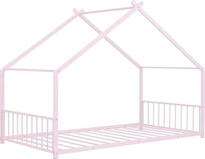 Twin Size House Shaped Montessori Platform Beds, Wood Floor Bed Frame with Roof and Fence Deisgn, Kids Double Toddler Bed for Children Boys Girls, Easy Assemble, No Box Spring Needed, Pink