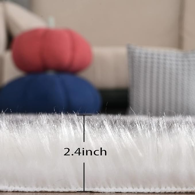 White and Grey Shaggy Round Rugs 6.6ft Large Circle Washable Faux Sheepskin Furry Fur Rugs for Bedroom Living Room Nursery Rug Home Décor