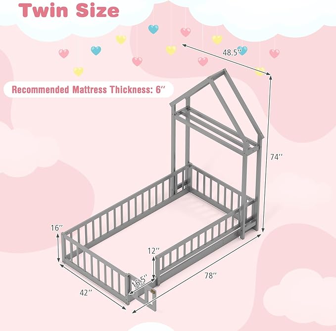 MAT EXPERT Twin Floor Bed with House-Shaped Headboard, Montessori Kids Bed with Detachable Clothes Hanger, Full Length Safety Guardrails, Solid Wood Twin Bed Frames for Kids (Gray)