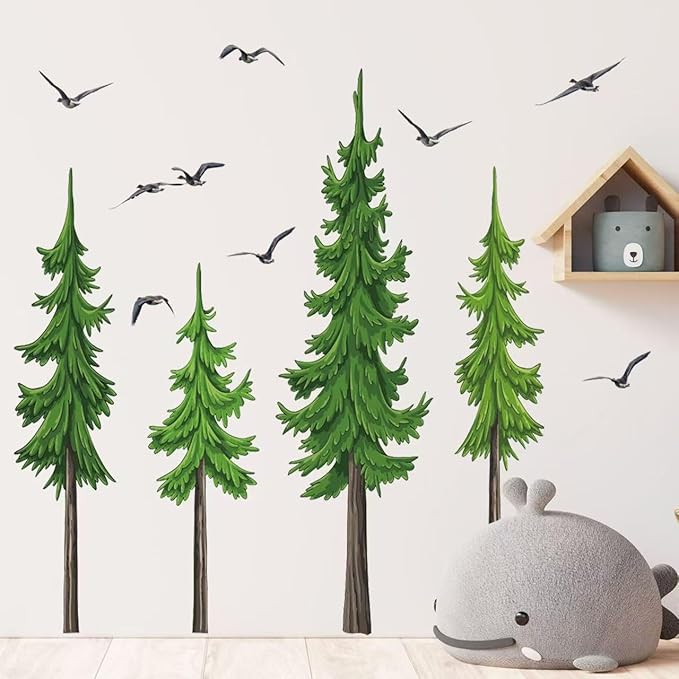 Watercolor Pine Tree Wall Stickers Christmas Woodland Wall Decals Large Peel and Stick Forest Wall Sticker Woodland Branch Birds Wall Decor for Nursery Bedroom Living Room
