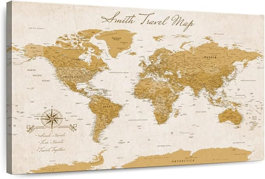 ElephantStock - Personalized Travel Push Pin World Map Wall Art - Horizontal Canvas Wall Art - Living Room Wall Decor - Digital Art Map Canvas Art - Orange And Beige Decor - 45" x 30"