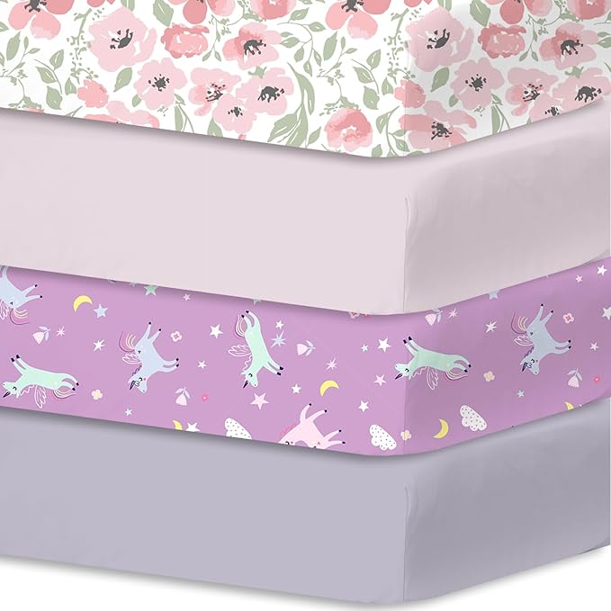 Little Grape Land Crib Sheets 4 Pack for Boys and Girls, Baby Neutral Crib Fitted Sheets for Standard Crib & Toddler Mattress, Super Soft Breathable Fitted Crib Sheet Set, Daliah & Unicorn