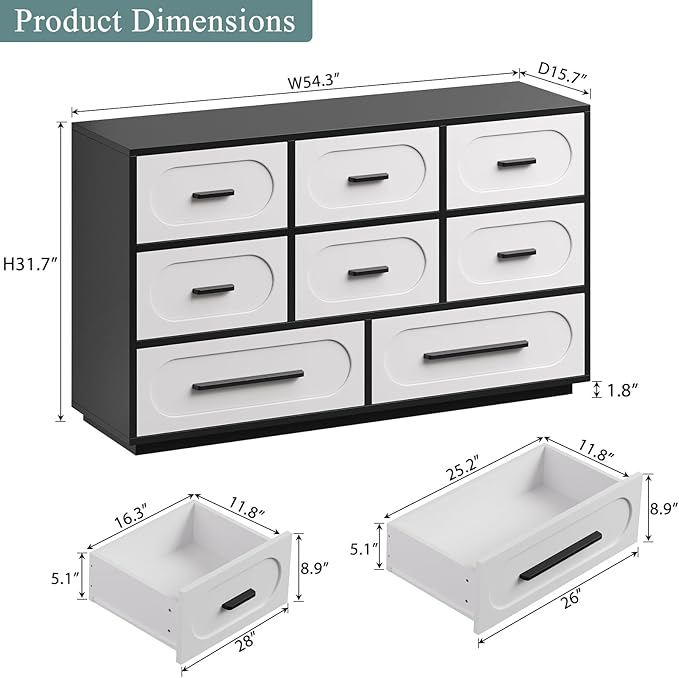 Modern 8 Drawers Dresser for Bedroom, 54" Wide Dressers & Chests of Drawers w/Solid Wood Handle, Mid Century Dresser TV Stand w/Natural Texture for Bedroom, Living Room, White