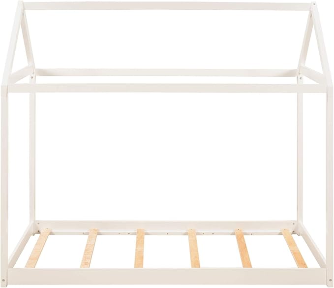 Bellemave Twin Size House Bed, Wood House Platform Bed with Roof and Slats, House Daybed Frame for Kids, Boys, Girls, No Spring Box Needed, White