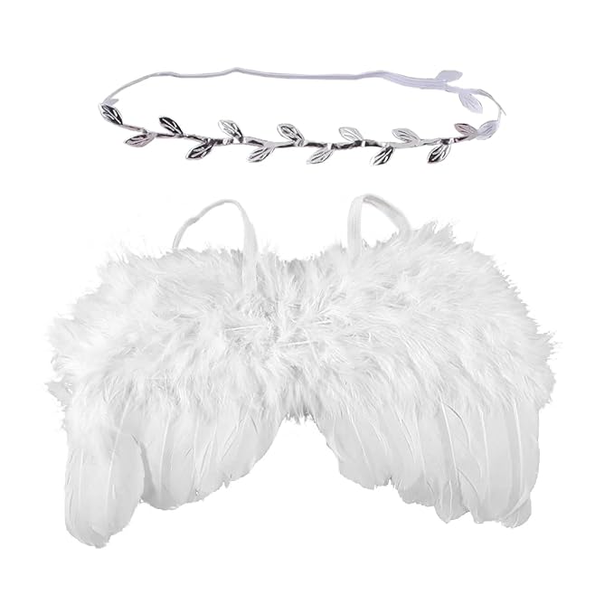 Qiansail Newborn Baby Fairy Angel Wings Princess Feather Wing Costume with White Headband Photography Props Shoot Outfits for Birthday (White)