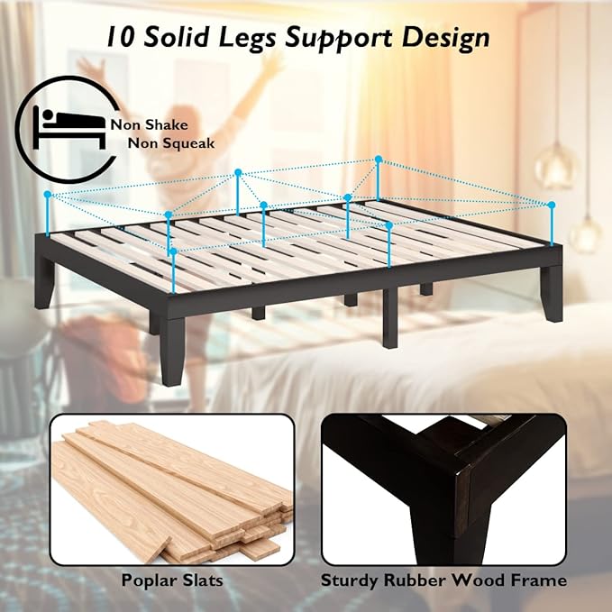 KOMFOTT 14 Inches Wood Platform Bed Frame Full Size, Wooden Mattress Foundation with Rubber Wood Frame, Strong Wooden Slat Support, No Box Spring Needed, Bed Frame (Dark Brown)
