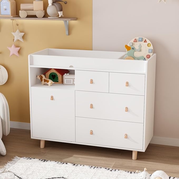 Baby Changing Table Dresser with 5 Drawers, Baby Nursery Dresser with Tilt Out Laundry Basket, Infant Changing Station Organizer for Nursery and Bedroom, White (45" W x 18" D x 37" H)