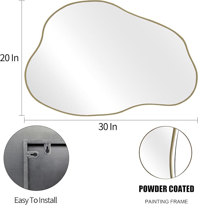POZINO Gold Irregular Mirror, 30"x20.5" Cloud Shaped Mirrors, Unique Asymmetrical Wall Mirror, Modern Frameless Wall Mirrors for Living Room Bathroom Bedroom Entryway