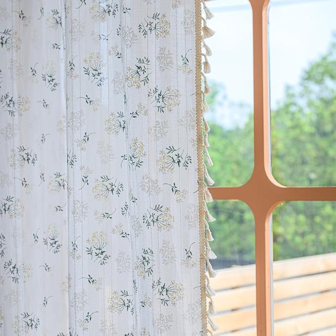 OYX Boho Curtains 63 Inch Length 2 Panels for Living Room, Bedroom Light Filtering Drapes, Farmhouse Vintage Country French Rustic Tassels Pattern Rod Pocket Aesthetic Decor Window Treatments