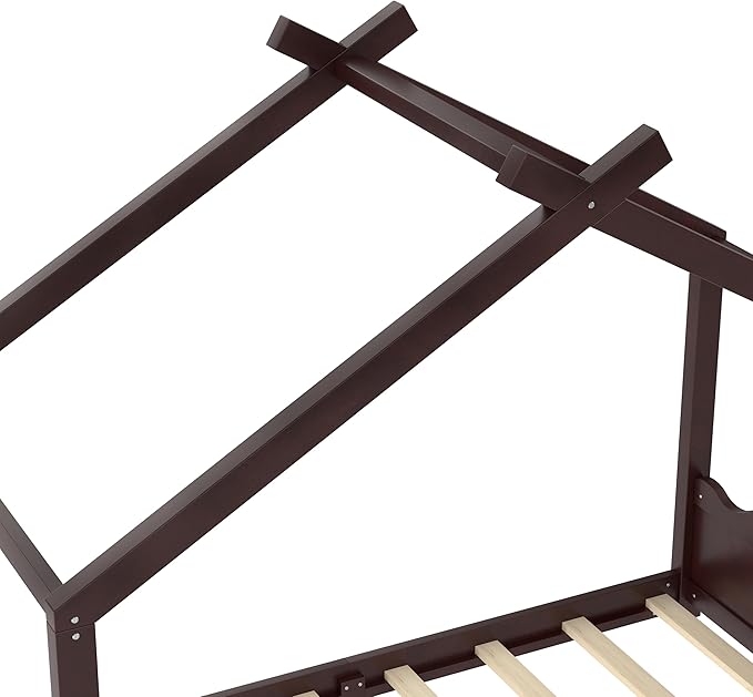 Twin Size Wooden House Floor Bed - Kids Bed Frame with Roof & Support Slats for Bedroom, No Box Spring Needed, Easy Assembly (Espresso)