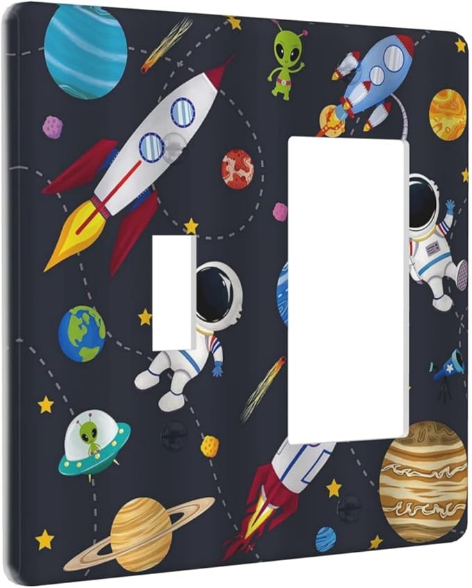 Rocket Planets Astronaut Blue Decorative 2 Gang Light Switch Covers Single Toggle Rocker Combo Wall Plate Electrical Faceplate Decorative Switchplate for Nursery Kidsroom Bedroom Decor