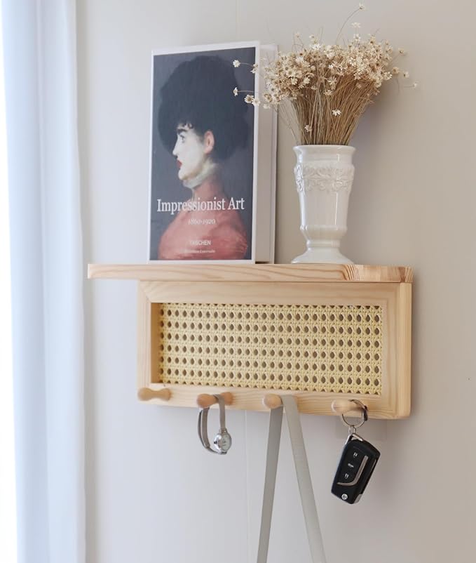 FRIADE PE Rattan Key Holder with 4 Key Hooks,Wall Mounted Decorative Floating Shelf for Entryway,Nursery,Mudroom, Hallway, Office (Burlywood)