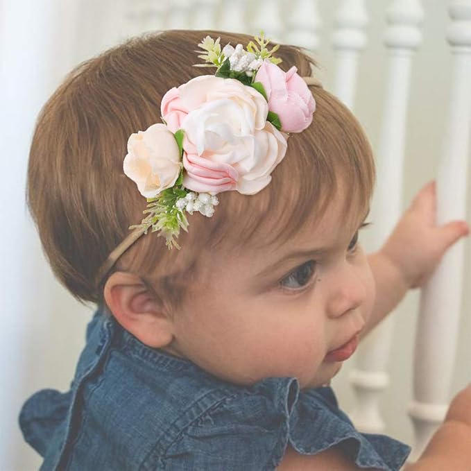 Baby Girl Floral Headbands- 3pcs Nylon Headband Handmade Flower Crown Elastic Hairband Newborn Toddler Hair Accessories Gifts for Girls （1-6 years old）