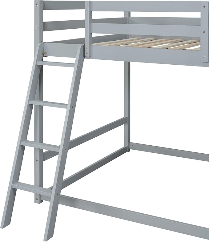 Full Over Full Bunk Bed with Ladder, Wooden Bunk Bed Frame with Slide and Shelves, Low Bunk Bed for Kids Teens Adult, Space-Saving Bedroom Dormitory Furniture (Gray + Pine-05)