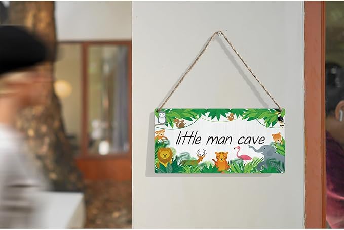 Little Man Cave Sign Woodland Nursery Room Decor for Baby Bedroom Jungle Safari Animal Theme Wall Decor for Toddler Room Decor 12 × 6 Inch（Wood 4009）