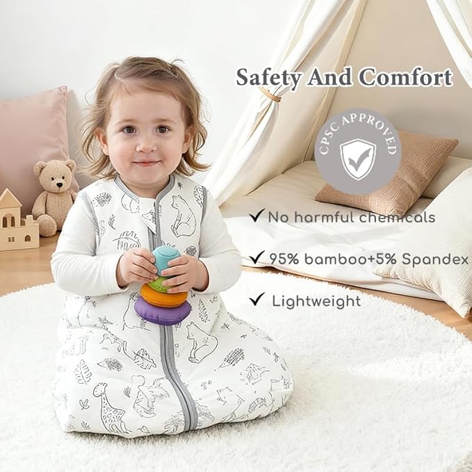 Baby Sleep Sack 12-18 Months 1.5 TOG, 2 Pack Bamboo Baby Wearable Blanket with 2-Way Zipper, Infant Toddler Sleeping Sack for Newborn Boys and Girls, Animals & Grey